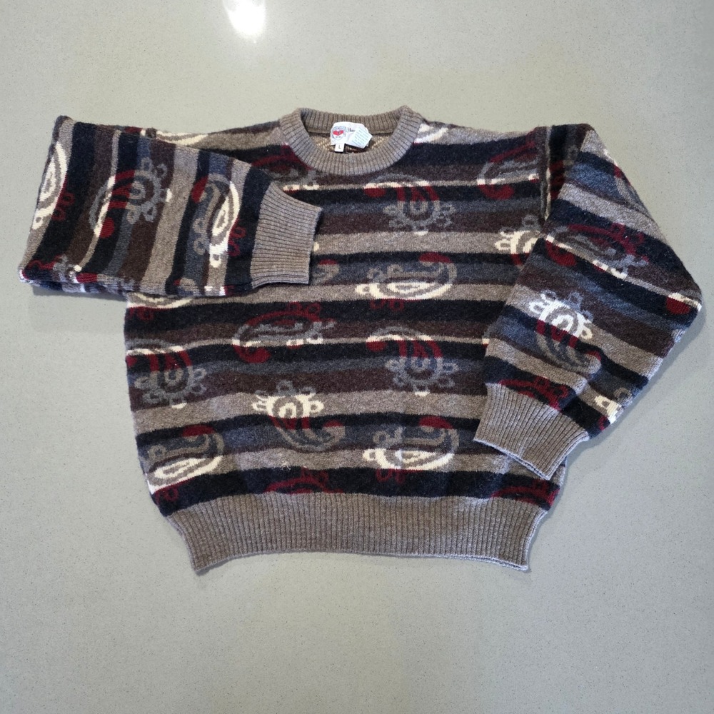 Vintage Heart Moon Star Paisley Striped Crewneck Sweater Mens Large Grey Brown‎